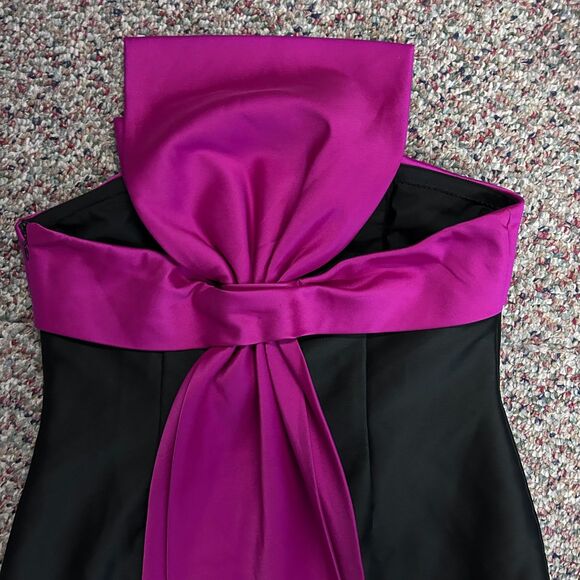 Badgley Mischka Black Strapless Orchid Pink Ribbon Detail Long Column Dress 14 - Picture 8 of 15